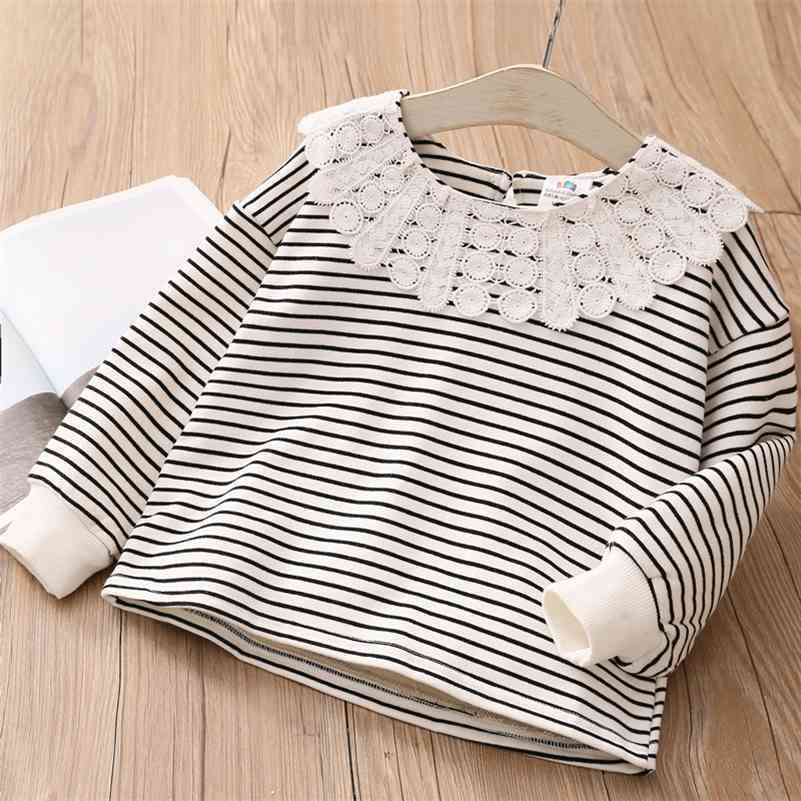 

Kids Tops Fashion Spring Autumn Long Sleeve O-Neck Lace Patchwork Striped Baby Tees All Match Little Child Girls T Shirts 210701, Black