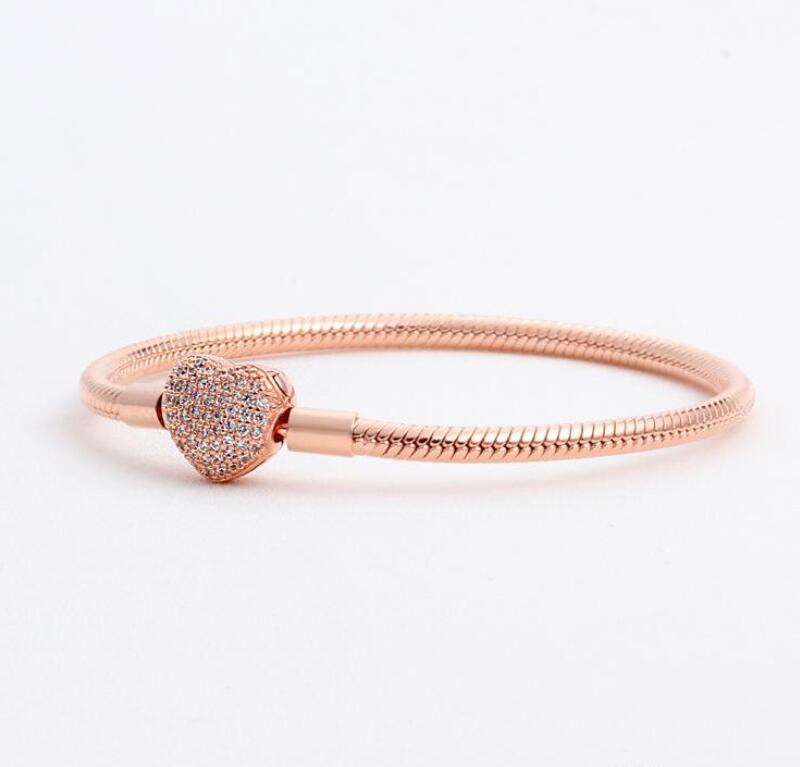 

Luxury Fashion 18K Rose gold CZ diamond Heart Bracelets Original box for Pandora 925 Silver Smooth Snake Chain Bracelet Women jewelry