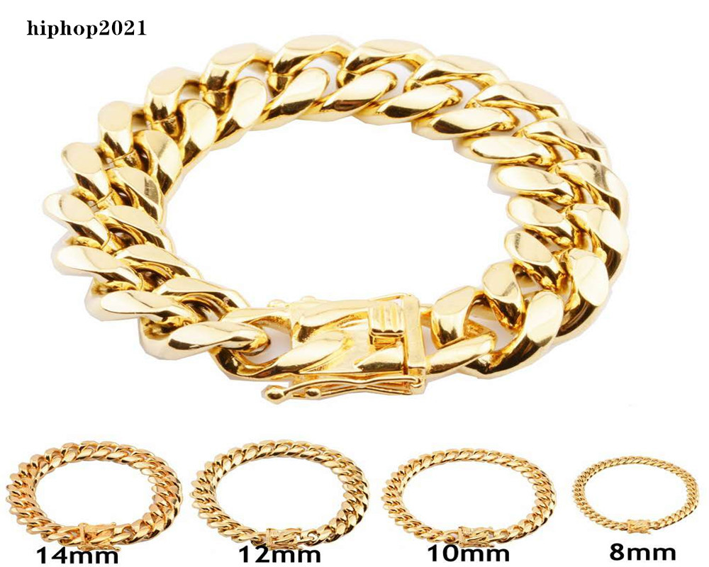 

8mm/10mm/12mm/14mm/16mm/18mm Mens 18K Gold Plated Stainless Steel Bracelets High Polished Miami Cuban Link Punk Curb Gold Bracelets