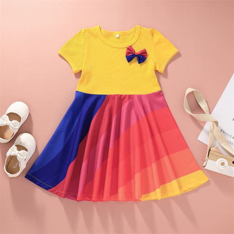 

Summer Girls Dress Short Sleeve Bow Patchwork Muti Skirt Cute Vestidos 3-10T 210629, Multi