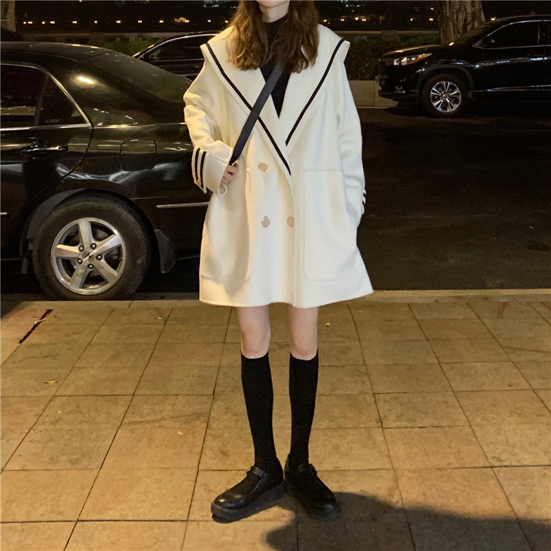 

women's wool & blends fall/winter new imitation mink woolen coat mid-length loose and thin navy large lapel jacket women's i2n6, Black
