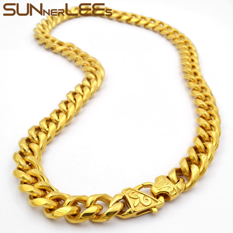 

SUNNERLEES Jewelry 316L StainlSteel Necklace 15mm Huge Curb Cuban Link Chain Gold Plated Men Women SC906 X0509