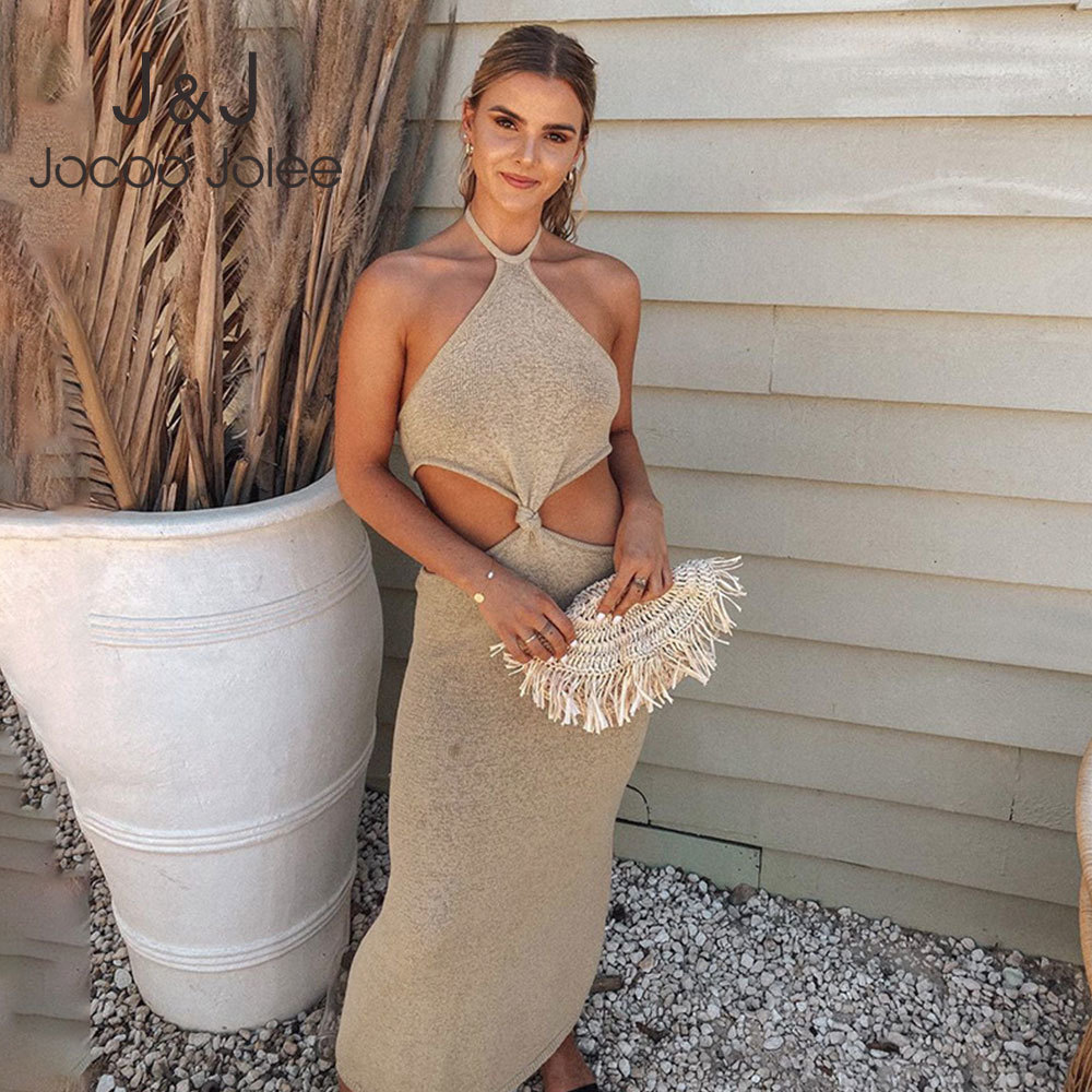 

Jocoo Jolee Elegant Solid Knitted Bodycon Dress Sexy Hollow Out Backless Halter Long Dress Beach Party Holiday Sundress 210518, Khaki