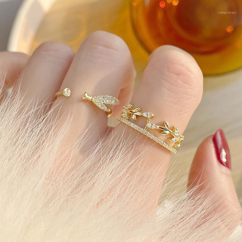 

Cluster Rings Open Design Cute Women Ring Elegant Cubic Zirconia Leaves Adjustable Female Delicate Sparking Bijoux Bague Gift, Golden;silver
