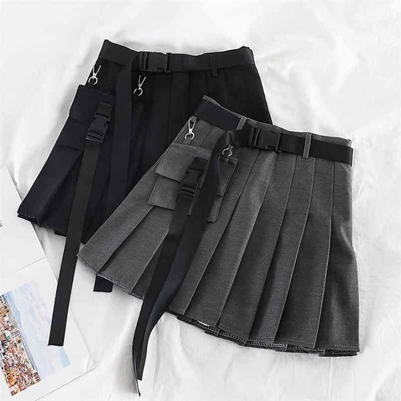 

Women Skirt Mini Pleated Korean Fashion Summer Harajuku Hip Hop casual Jupe Belt Drop Vintage Plus Size Gothic Clothes 210708, Gray