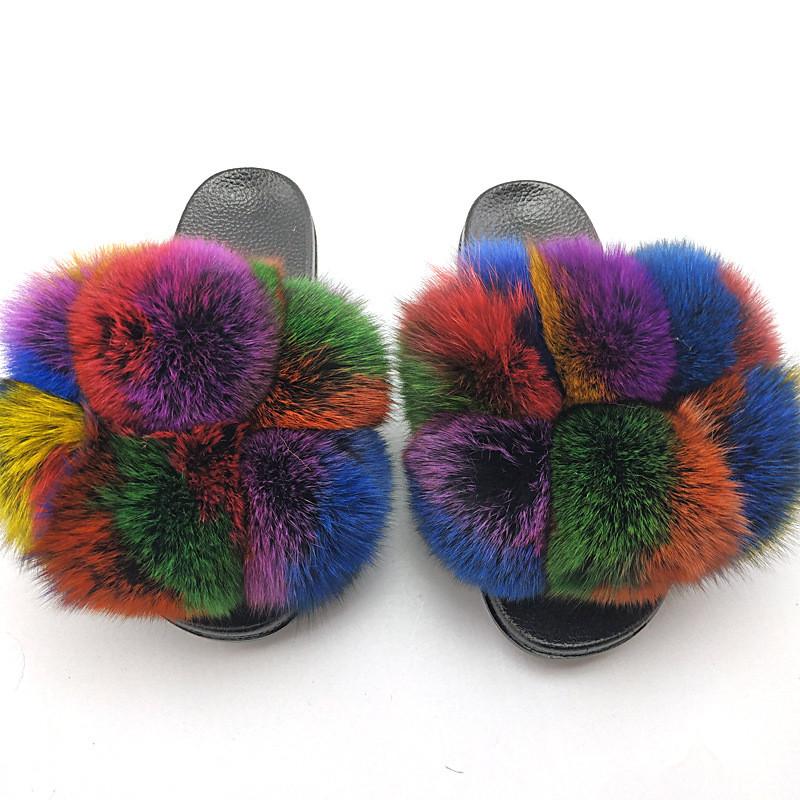 

Furry Pom Fur Slides Women Real Slippers Flip Flop Flat Soft Ball Sandals Ladies Cute Rainbow Shoes, 09