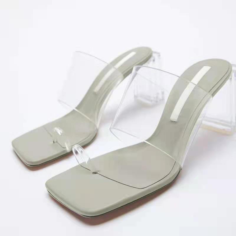 

Dress Shoes Brand Simple Fresh Highheeled Sandals Women Transparent Belt Thick Heel Fashion Flip-flop Open-toe Slippers, Light grey