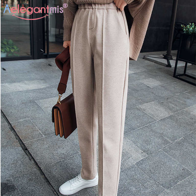 

Aelegantmis Elastic High Waist Pants Women Office Lady Loose Casual Straight Ankle Length Harem Pencil Trousers Pockets OL 210607, Black