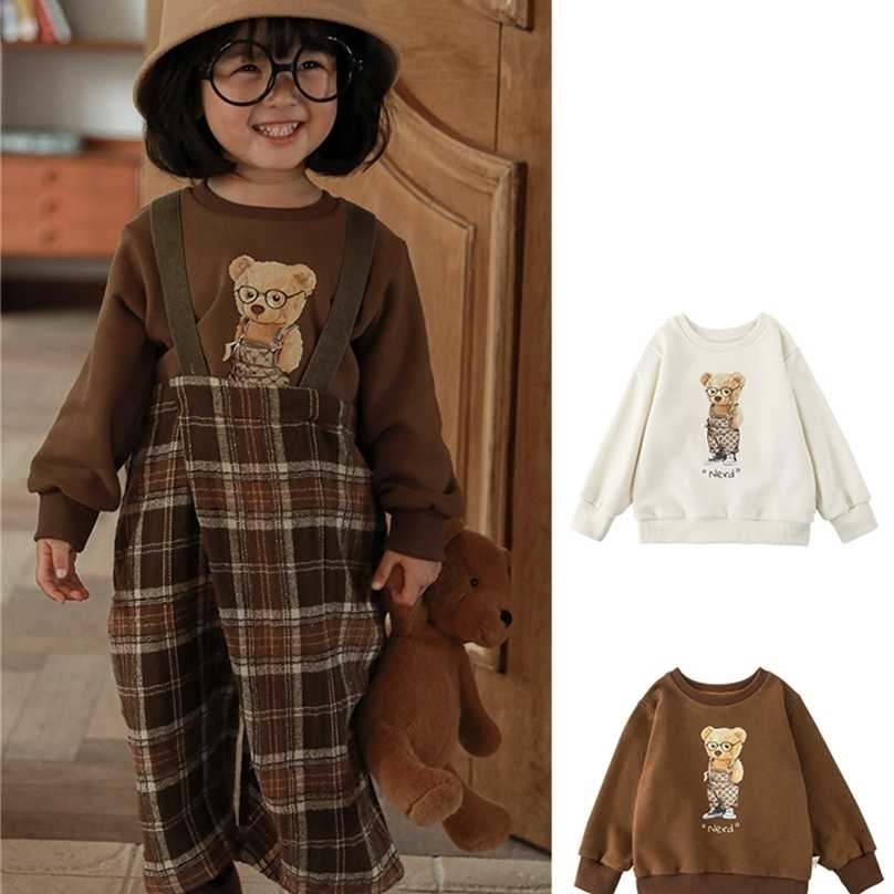 

Girls' Casual Cartoon Sweatshirt Digital Printing Retro Bear Autumn Baby All-match Top 211110, Coffee