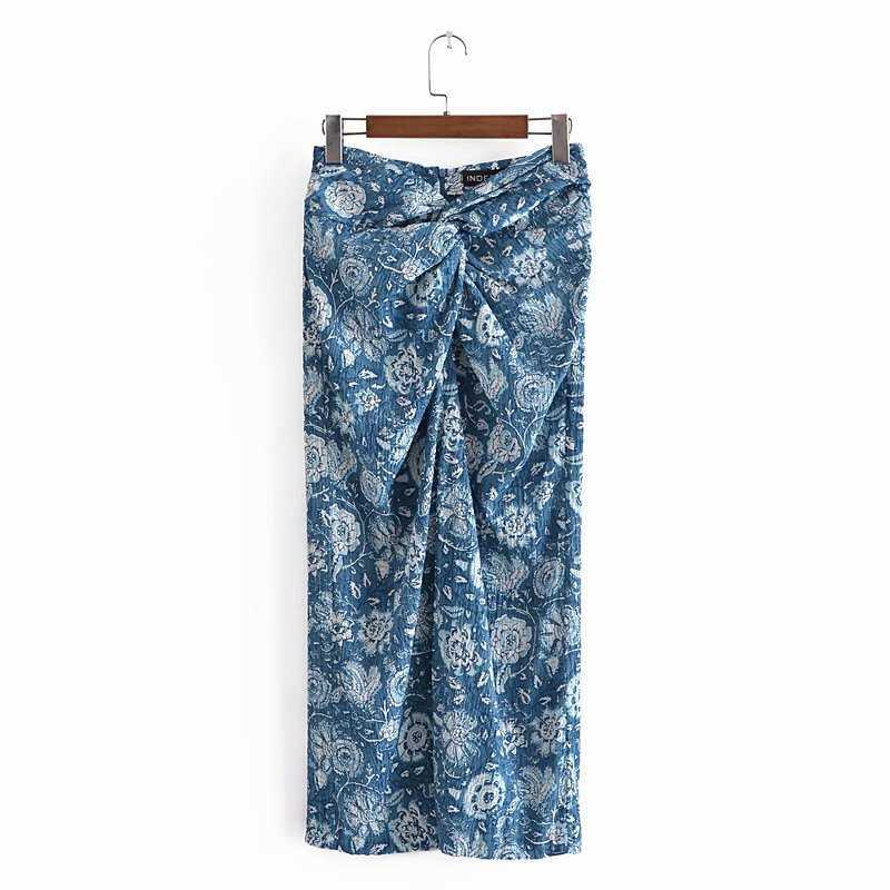 

Women Slit Skirt Printed Textured Knotted High-waist midi elegant High Fashion casual Women skirts 210709, Blue