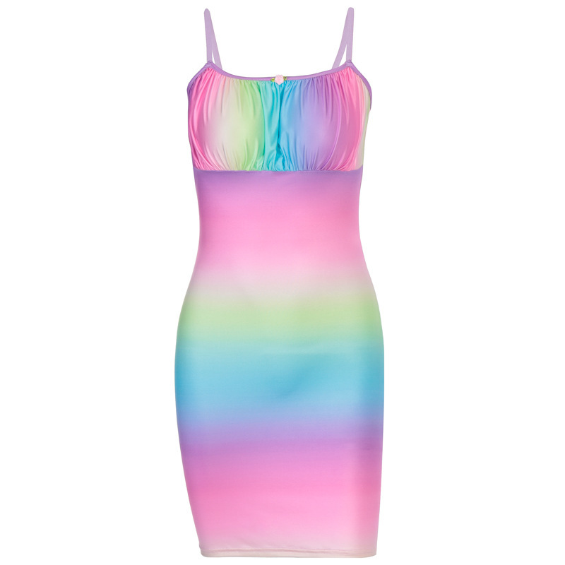 

Paris Girl Summer Women' Bodycon Explosion Rainbow Tie-Dye Pleated Suspender Fashion Slim Party Mini Dresses 210524, Multi
