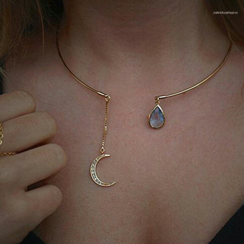 

Chains Euro-American Foreign Trade Fashion Jewelry Wholesale Simple And Generous With Crystal Moon Drops Lady Short Necklace Collar1