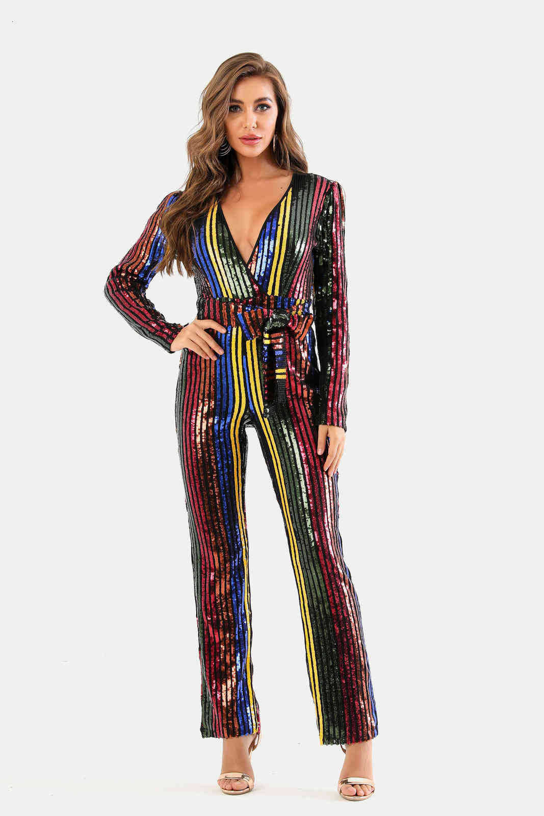 Women&#039;s Jumpsuits & Rompers Women Multi color Sequined Long-Sleeved Tights Belt Bow knot V-Neck Sexy Celebrity Party VBZP-image-705498336