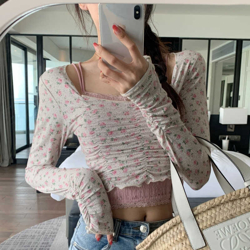 

Girl' Pink Embroidery Flowers Sweet Cute Loli Summer Full Sleeve Tops Square Collar T Shirt Tees Short Sexy Korean JO3S 210603, Pink floral