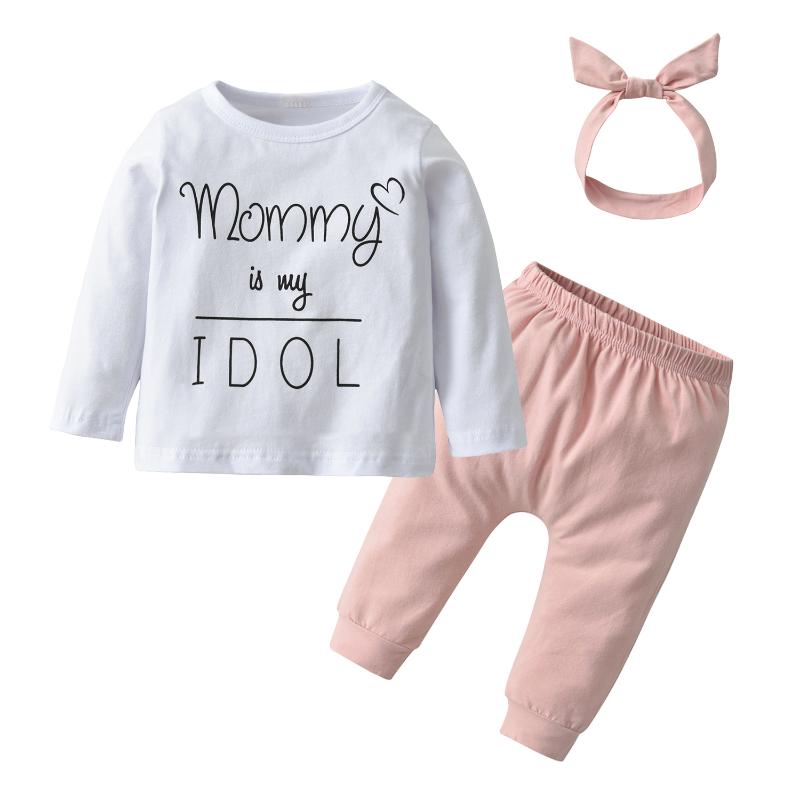 

Clothing Sets Baby Girls Fall Clothes Set Thin Cotton Infant Suit Letter Print Long Top+Solid Color Pants+Headband Girl Come Home Outfit, White