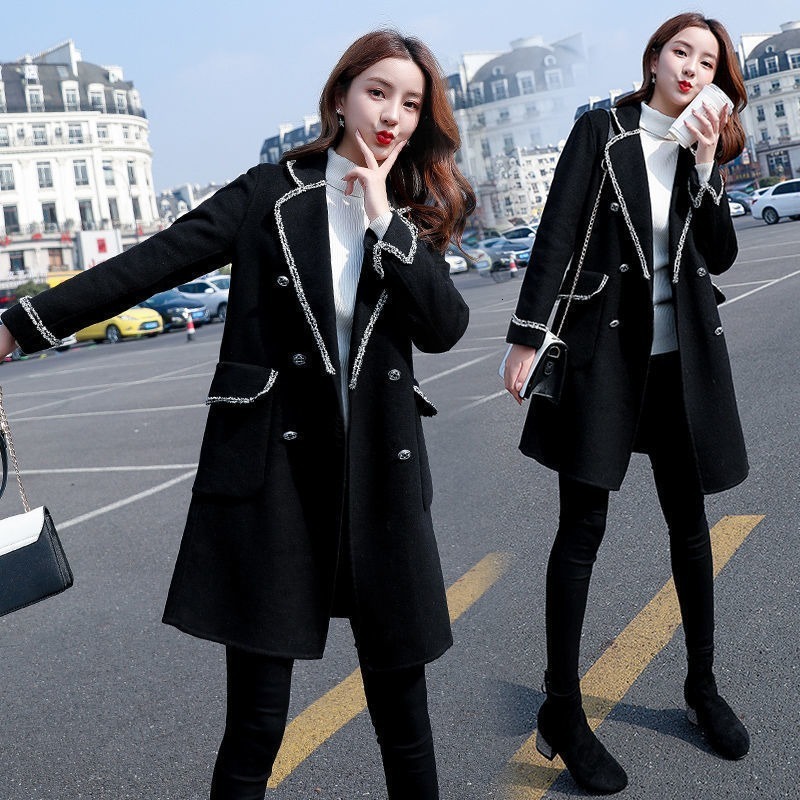 

women's wool & blends small-style female wool hepburn mid-length autumn and winter black woolen coat wc3z