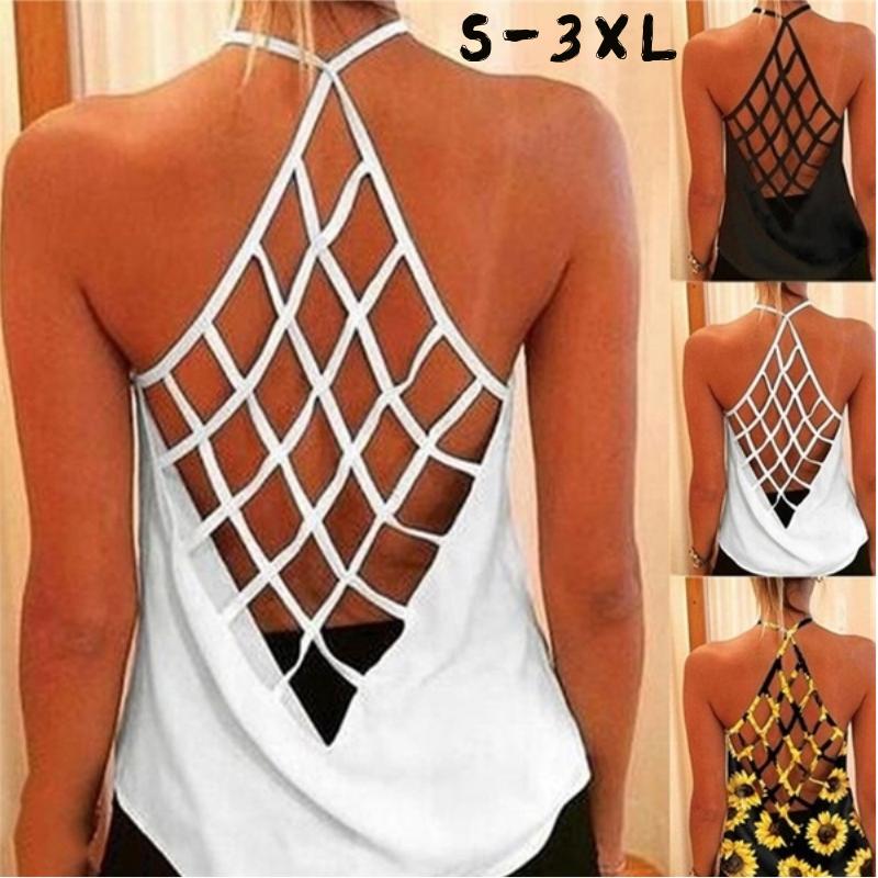 

Kuelawer Womens Summer Off Shoulder Shirts Tank Tops Casual Sleeveless T-Shirts Backless Camisole Sunflower Print Hollow Out Top Women' T, Black