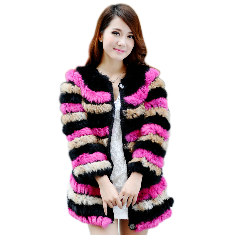 

Anna small knitted rabbit fur women's fur coat medium-long o-neck, Black