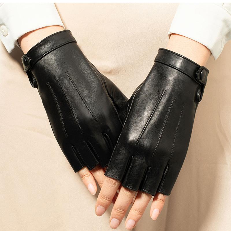 

Five Fingers Gloves High Quality Black Women Genuine Leather Slip Resistant Luvas Half Finger Sheep Fingerless Moto
