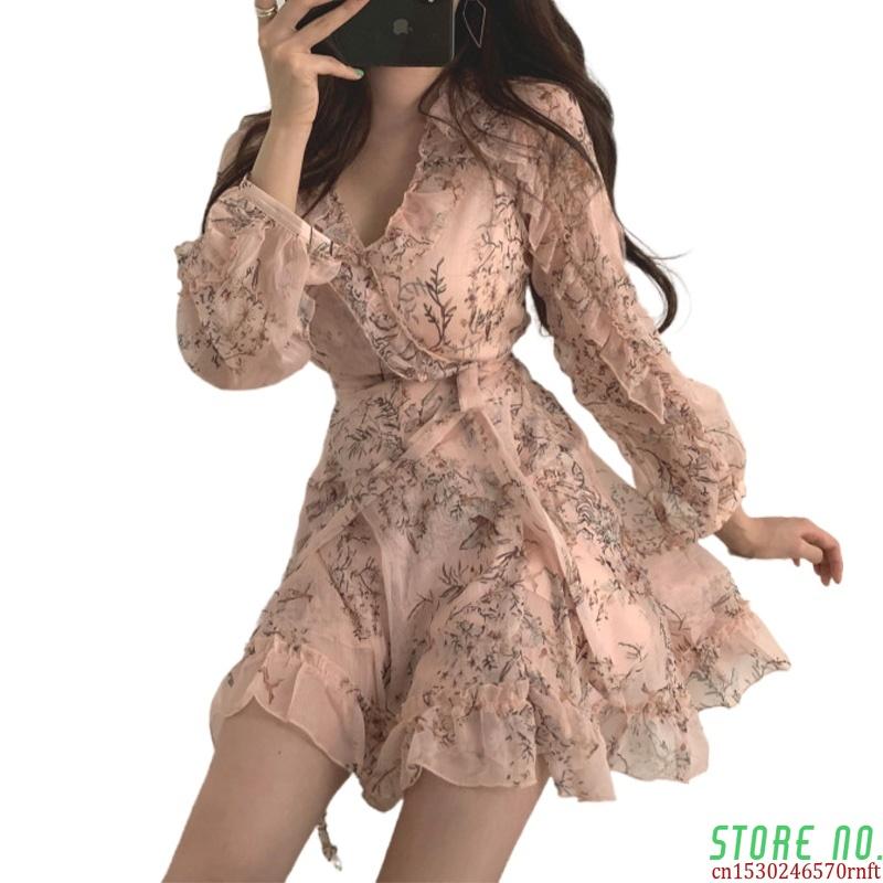 Robes décontractées femmes Mini robe printemps col en v Floral en mousseline de soie taille haute manches évasées femme femme KarolyiDora KA88