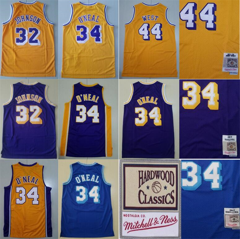 

Mitchell and Ness Jersey Basketball 32 Johnson 34 Shaquille ONeal O Neal 44 Jerry West Yellow Purple Blue Team Color Vintage 1996 1997 1971 1972 Year, Black;red