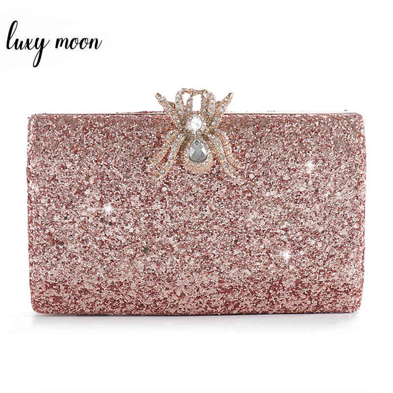 

Pink Purse Sequined Clutch Bag Female Luxury Wedding Party Pearl Chain Handbag Unique Diamond Spider Lock Evening Bags ZD1267, Rose gold