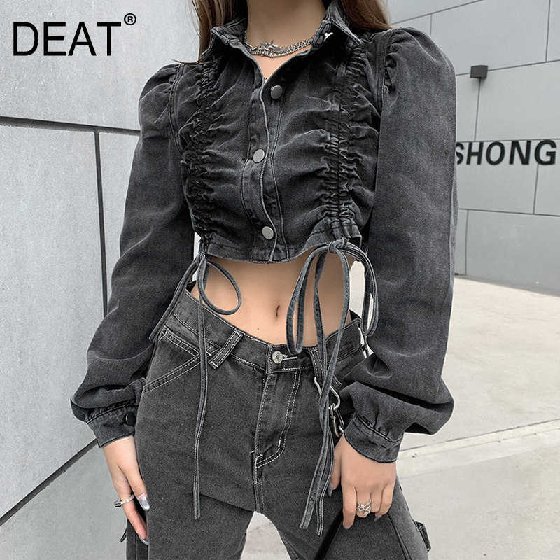

DEAT Spring Arrivals Solid Long Sleeve Lapel Fashion Loose Short Sexy Open Navel Denim Single Breasted Coat MZ025 210709, Gray