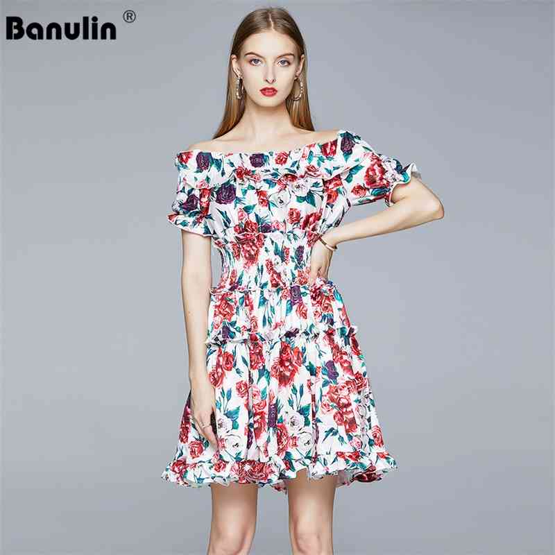 

Banulin Fashion Runway Summer Dress Women's Slash Neck Cold cut out Off Shouler Floral Print Ruffles Elastic Waist Boho 210603, Red (0.32 kg)