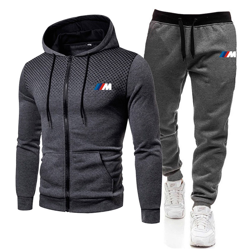 

2021 new BMW fashion mens autumn and winter trousers hoodie pullover two-piece jogging suit -3XL cotton track and field sports, Gray