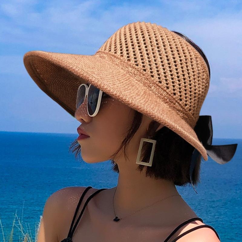 

Wide Brim Hats 2021 Fashion Women Summer Hat Foldable Bohemia Sun Large Beach Nylon Rope Empty Top Caps, Black