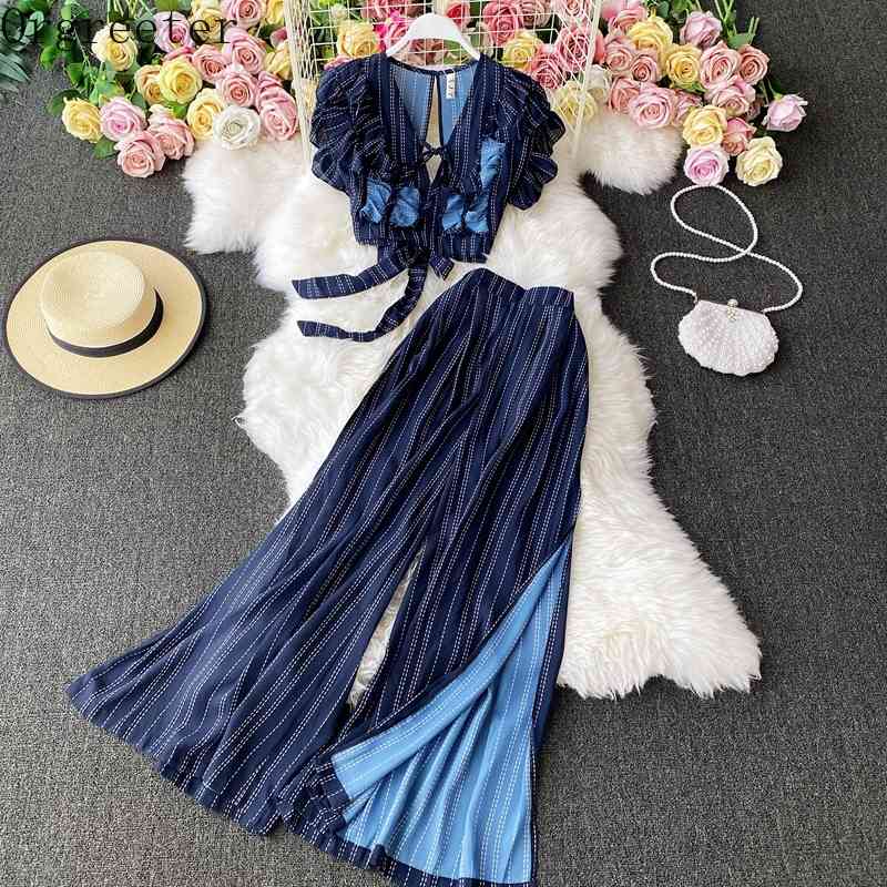 

Summer Backless Ruffled Sleeve Sexy V-neck Shirt + High Waist Wide Leg Split Pants Women Striped 2 Piece Holiday Beach Set 210525, Blue