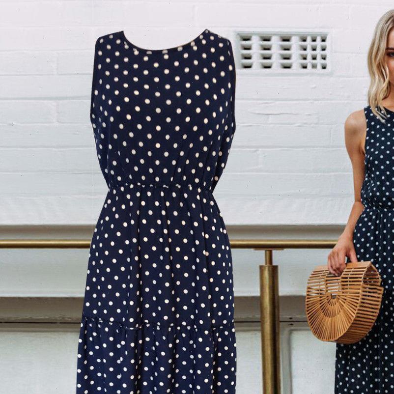 

women dresses summer bohemian sweet causal ladies dress sleeveless dot print blue high waist ankle length sundress, Black;gray