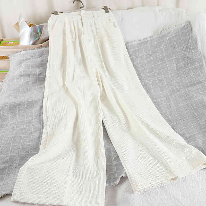 

Spring Arrivals Solid Color High Waist Straight Wide Leg Casual Corduroy Fashion Women Pants MZ976 210525, White