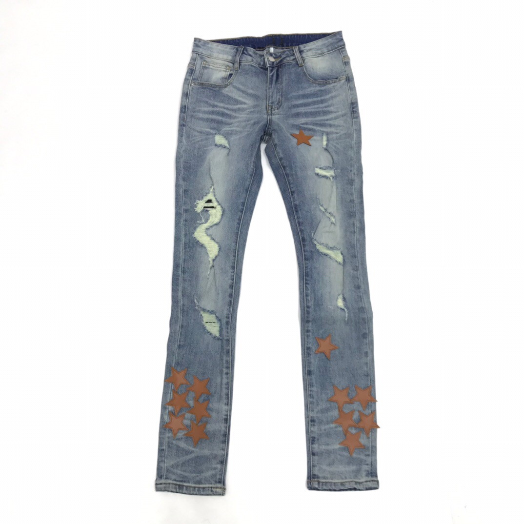 

2021 men jeans pants Long Ripped hole patch Little bear brown pentagram embroidery Straight Skinny Designers Mens Clothing, Blue