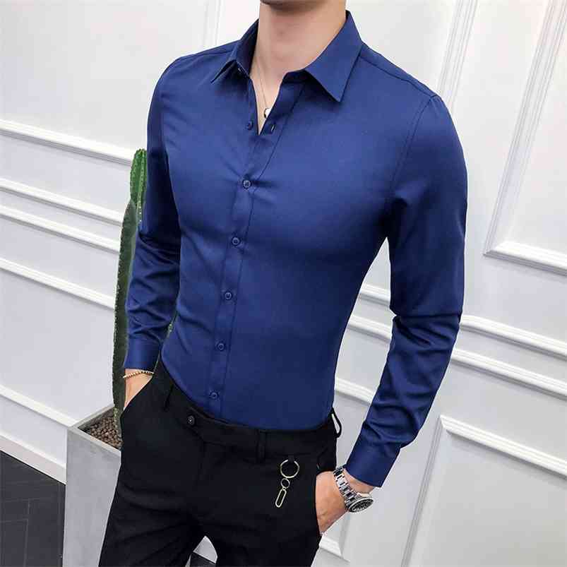 

High Quality Men Shirt Long Sleeve Solid Formal Business Shirt Slim Fit Brand Man Dress Shirts Social Turn-Down Collar 6Colors 210708, Navy blue