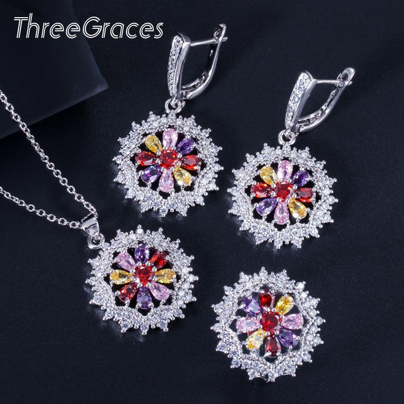 

Earrings & Necklace ThreeGraces Fashion Women Jewelry Sets Blue Cubic Zirconia Crystal Round Flower Shape Ring Set JS043, Silver