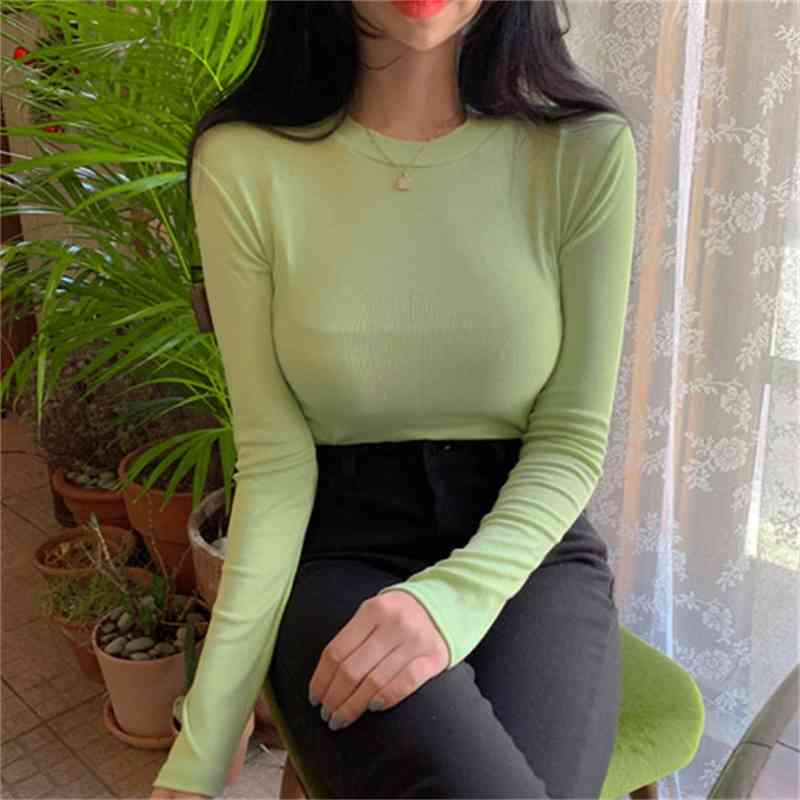 

WOMENGAGA Spring Simple Basic Thick Slim Sexy Long Sleeve T-shirt Women's Summer Top Tops 67YV Tshirt Korean Clothes 7V 210603, Fluorescent green