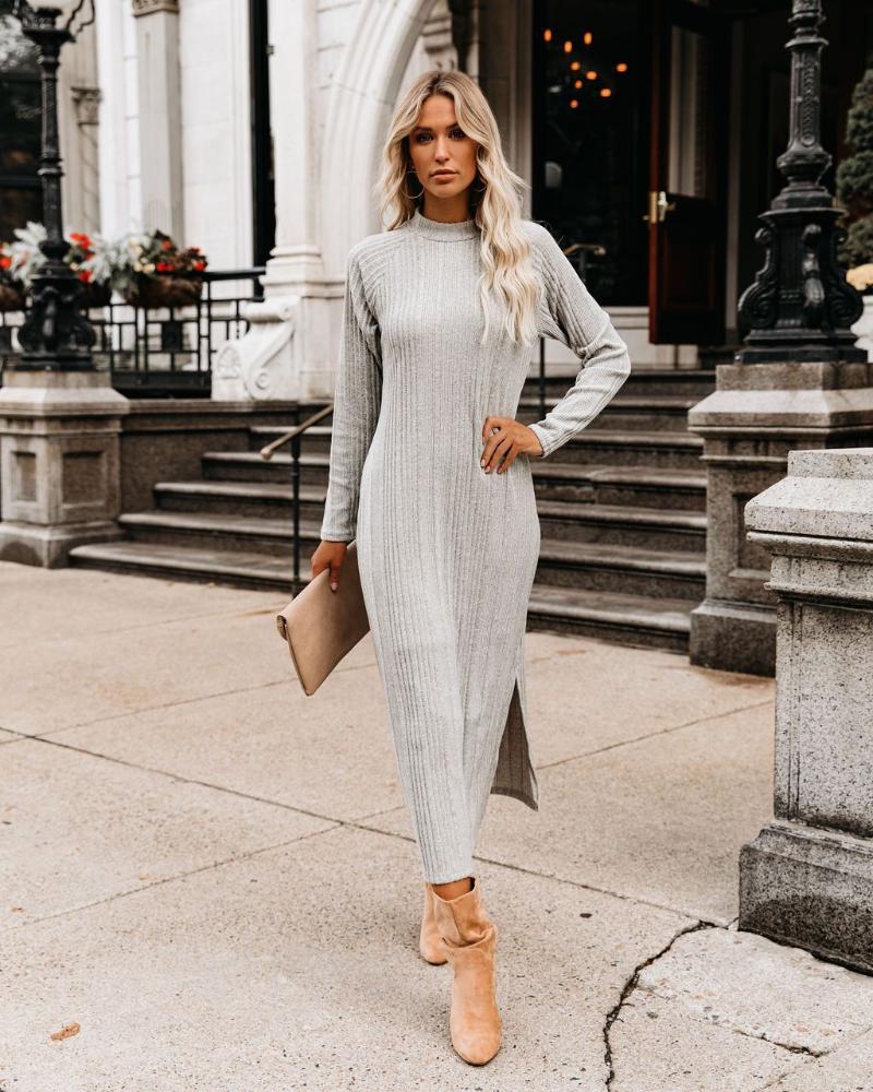

Casual Dresses Autumn Knitting Cotton Long Dress Grey Slim Straight Sweater Office Lady Slit Pencil Mid-Calf, Gray