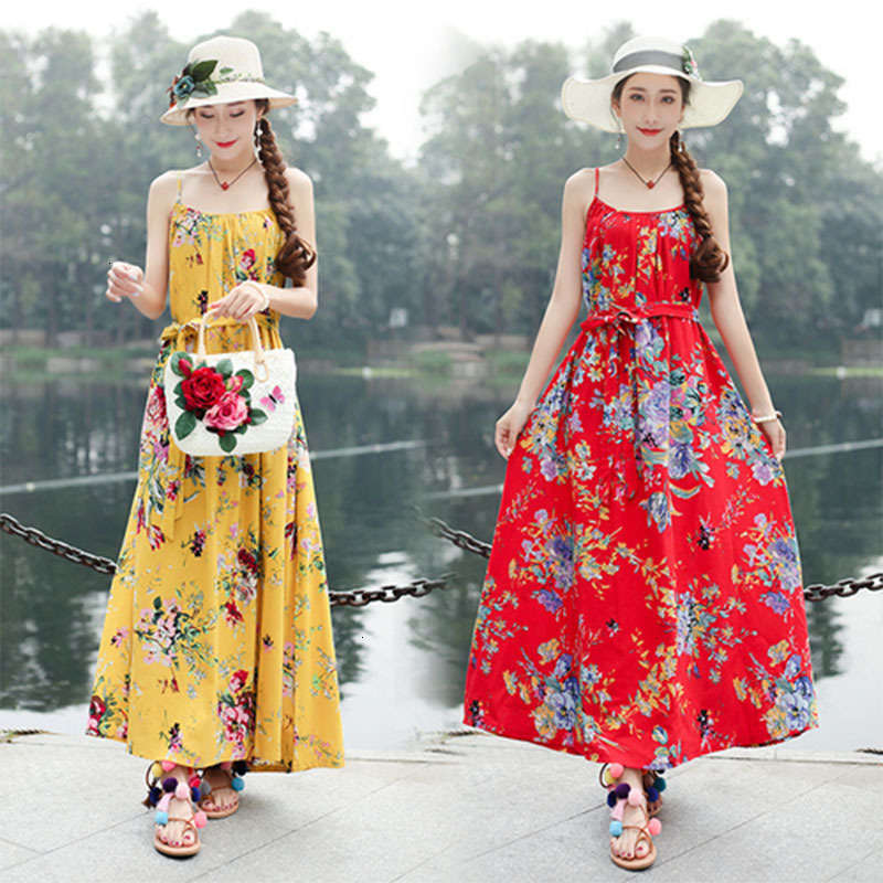 

Casual women's large Dresses holiday suspender dress in summer of, Yellow
