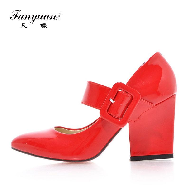 

Dress Shoes FANYUAN Patent Pu Mary Janes Pointed Toe Square High Heels Woman Casual Office Spring Autumn Pumps Size 33-43, Black