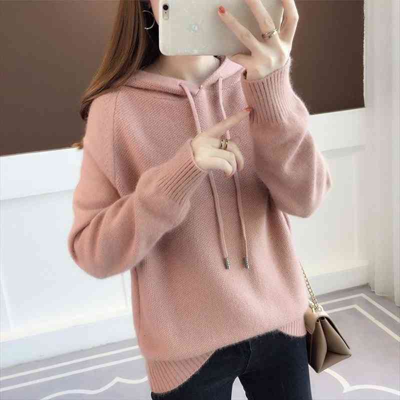 

vangull pullover hooded knitted sweater womens sweater spring and autumn loose and versatile comfortable top, White;black