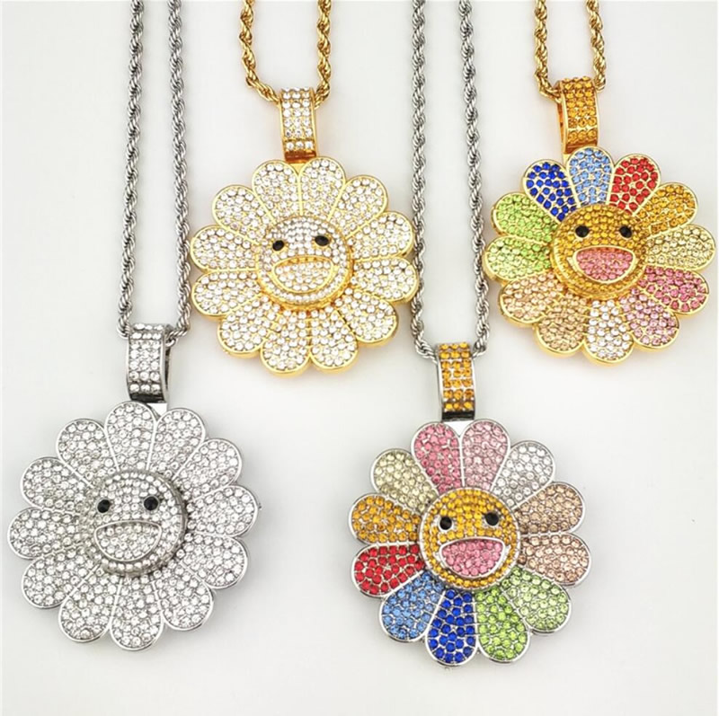 

Iced Out Murakami Takashi 18K Golden Silver Plated Slide Pendant Necklace Rotatable Bearing Sunflower Spinner Copper Bling Diamond Decoration W/ 24inch Rope Chain