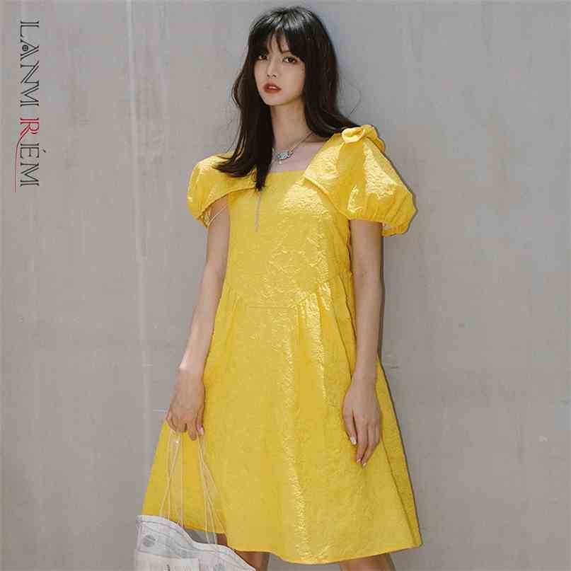 

Women Yellow Dress Aquare Collar Short Sleeve Loose Fit Female Fashion Summer Arrivals 2E1816 210526