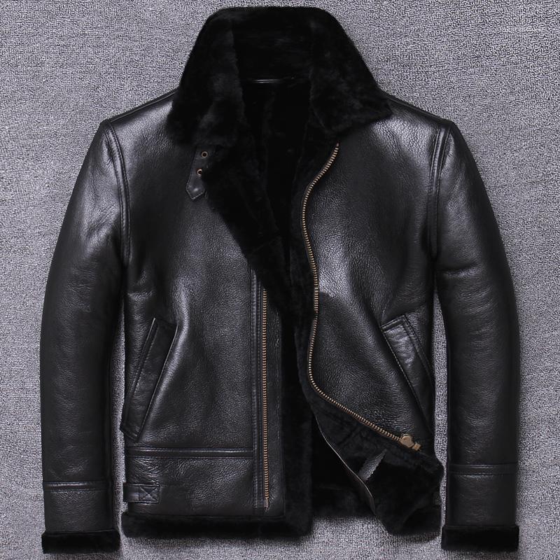 

Men's Leather & Faux Winter Genuine Jacket Men Short Sheepskin Coat Shearling Real Wool Lining Jackets Veste Cuir Homme U802 KJ3197, Black