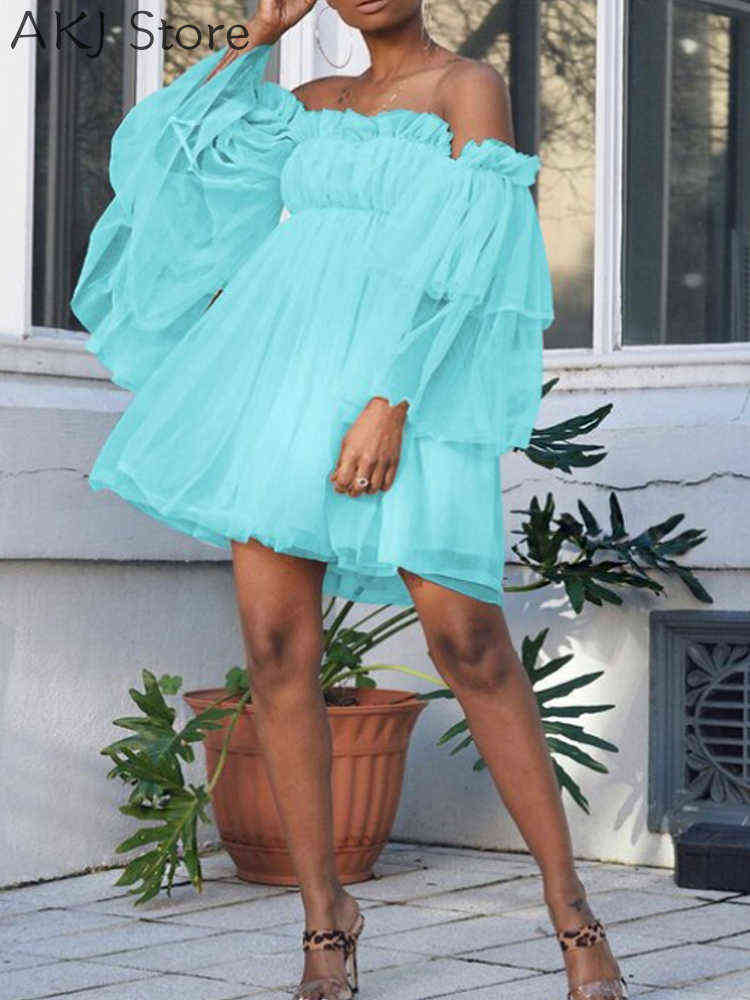 

Women Solid Off Shoulder Frill Trim Layered Mesh Dress G0214, Sky blue