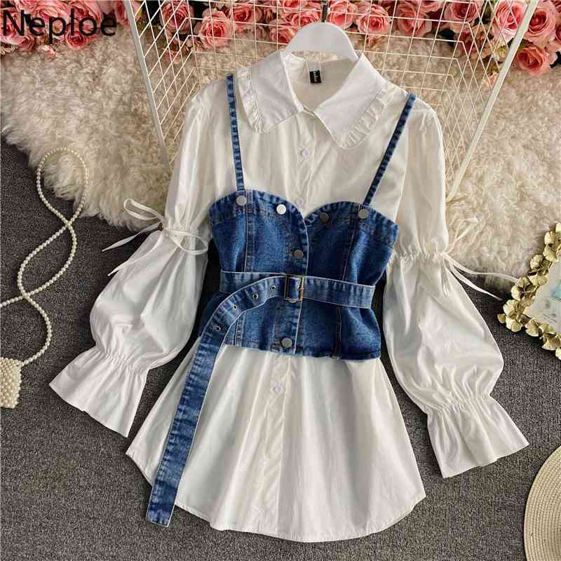 Neploe Two Piece Outfits for Women Cowboy Sling Vest Tops Loose Pleated White Shirt Femme Roupas 2 Piece Set Korean Suit 210422