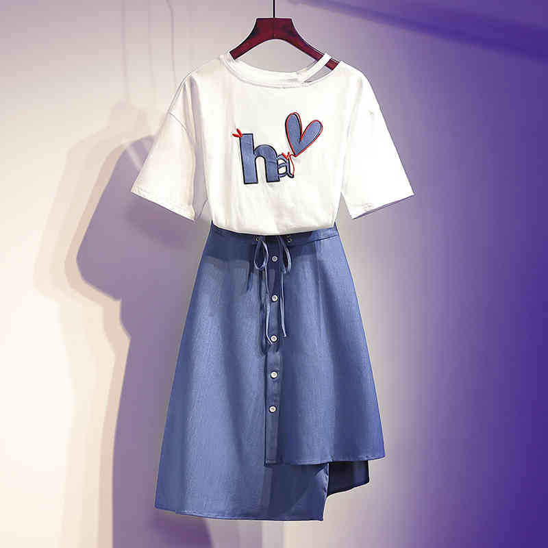 

Summer Casual 2 Piece set Women's Short sleeve Love Pattern Embroidery Tshirt + Bow Lace-up Single-breasted Irregular Skirt Suit 210525, Blue