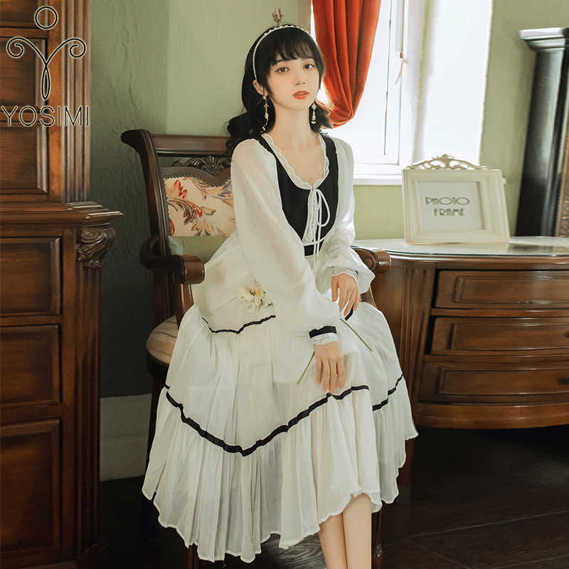 

YOSIMI White Chiffon Patchwork Black Long Sleeve Women Dress Vintage Lace O-neck Full Ladies Party Elegant 210604