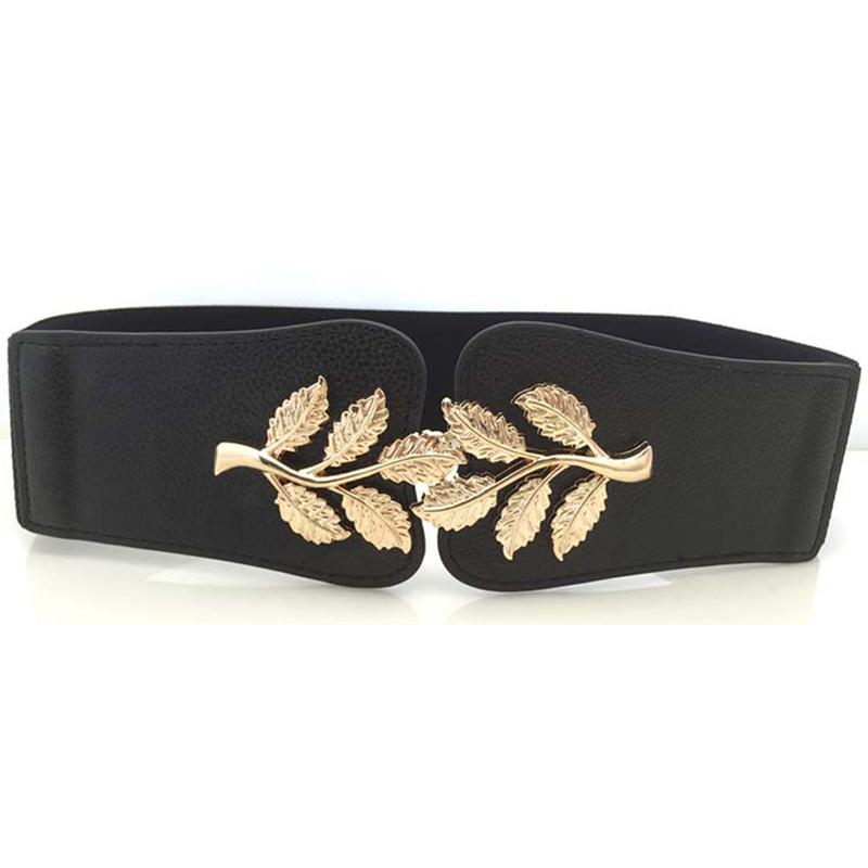 

Fashion Elastic Metal Leaf Buckle Belts For Women Dress Accessories Retro Waistband Blue Pink White Black Adult Belt, Black;brown