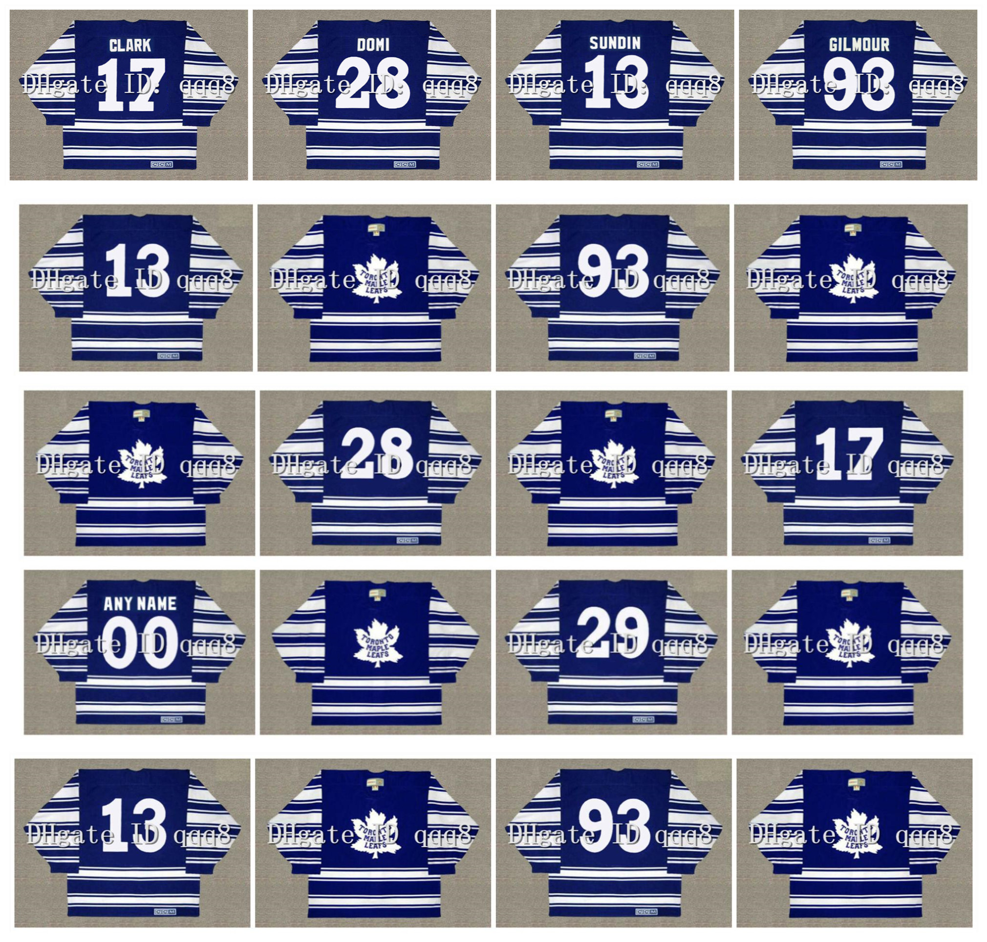 

Vintage 1996 Toronto Maple Leafs Jersey 13 MATS SUNDIN 17 WENDEL CLARK 28 TIE DOMI 29 FELIX POTVIN 93 DOUG GILMOUR CCM Throwback Hockey, No name